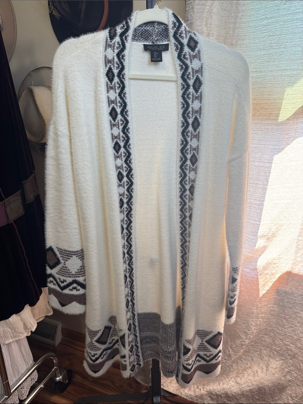 Rachel Zoe Cream Open-Front Cardigan with Gray and Brown Geo Trim